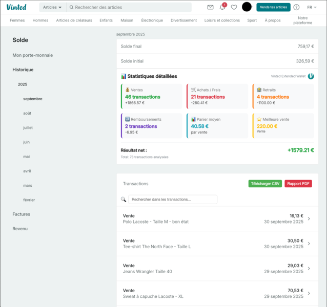 Interface Vinted avec Extended Wallet